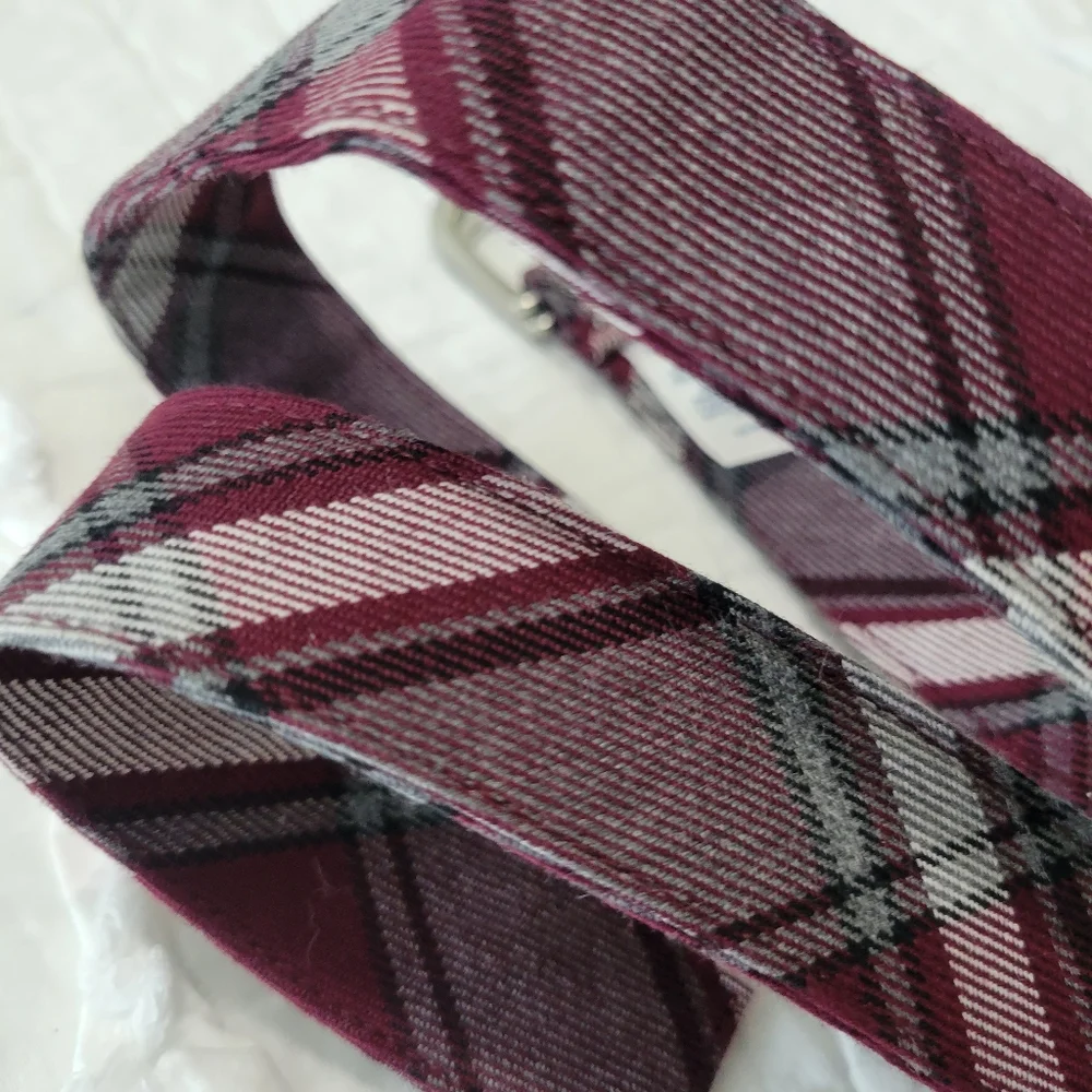 Lands' End Plaid Uniform Belt Burgundy & Gray Silver D Ring Buckle Small EUC